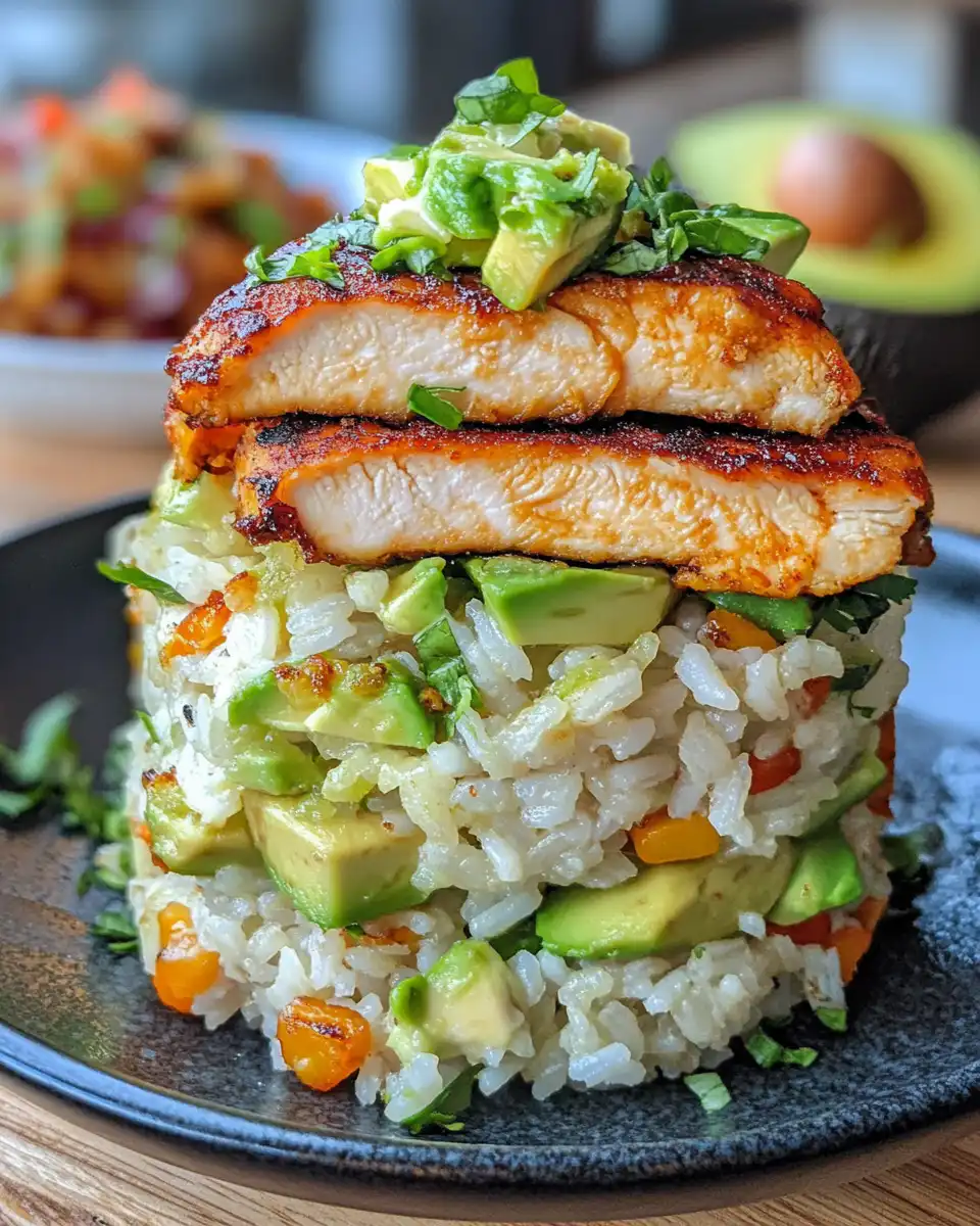 Honey lime chicken avocado rice stack fresh from the pressure cooker