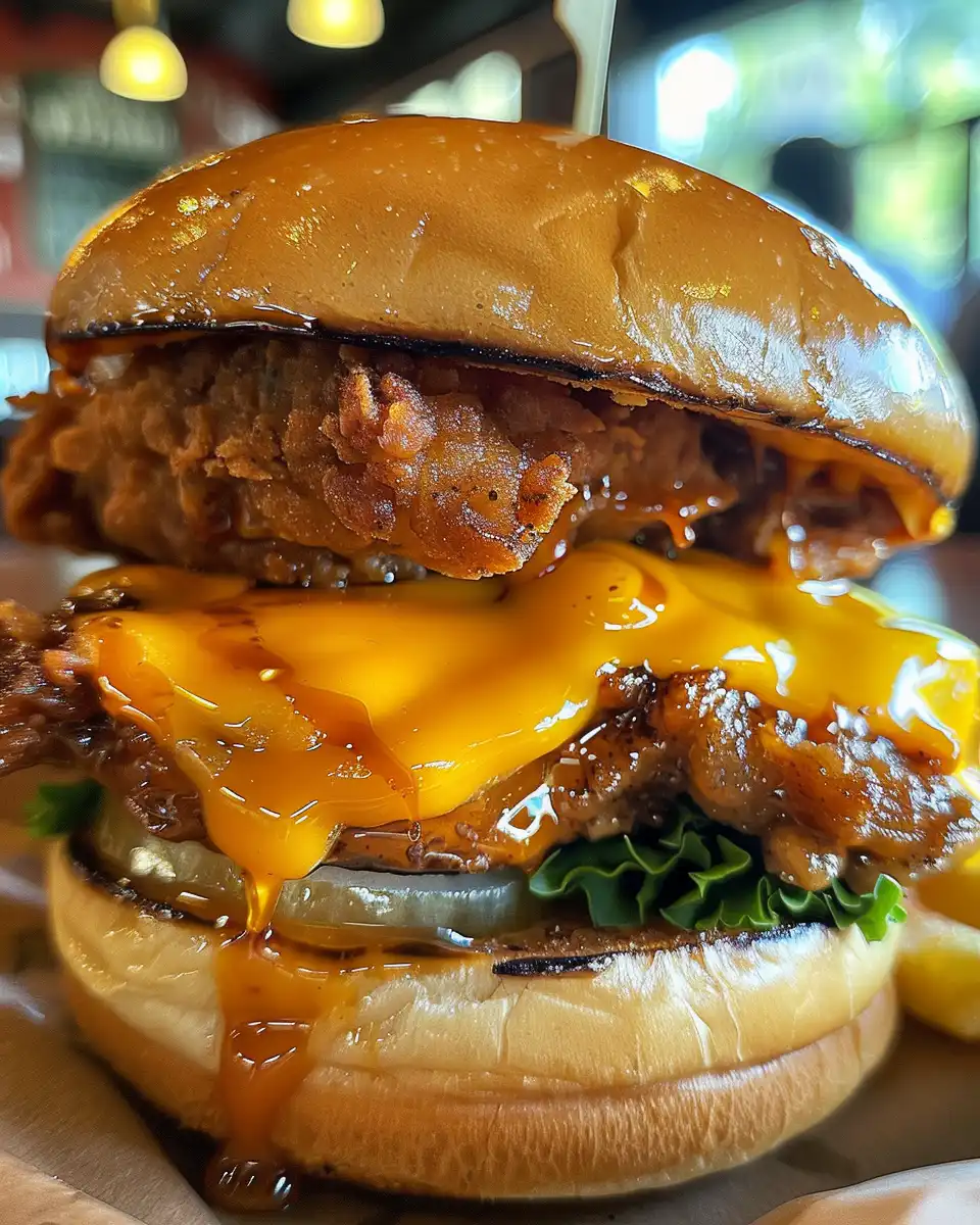 Close up of the honey mustard chicken burger with melty gouda and fresh coleslaw