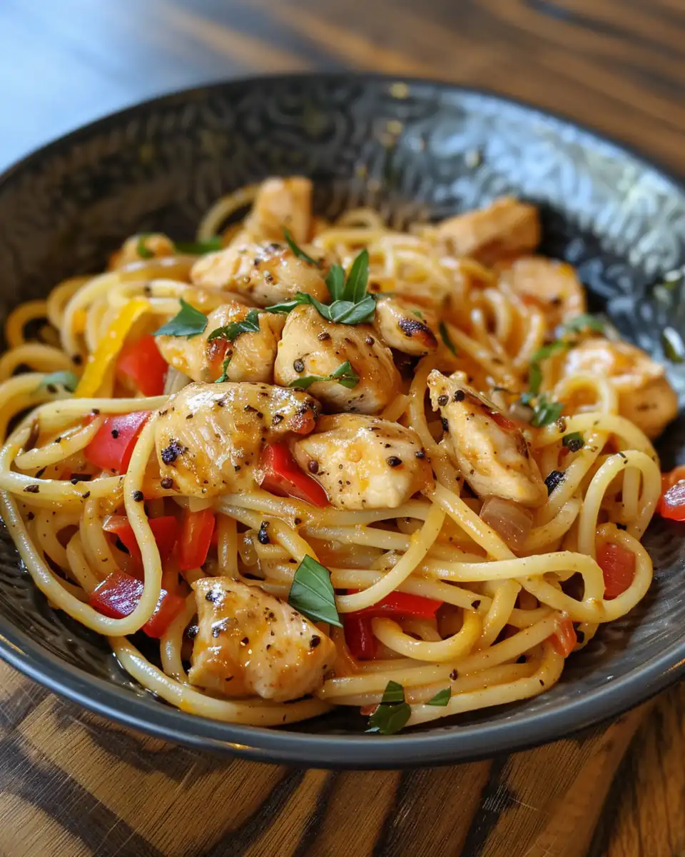 Final honey pepper chicken pasta served ready to enjoy