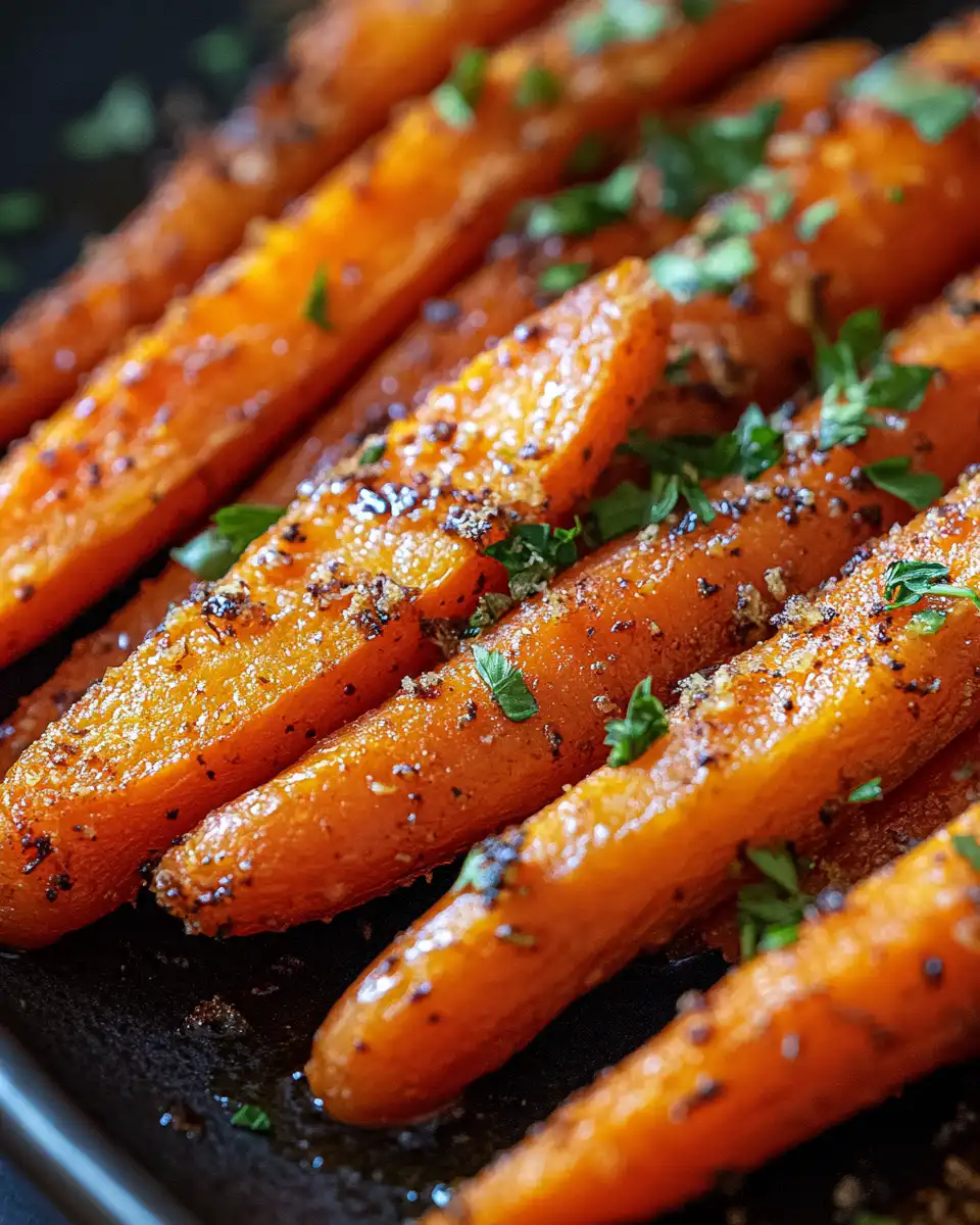 Final presentation of honey roasted carrots on a serving plate
