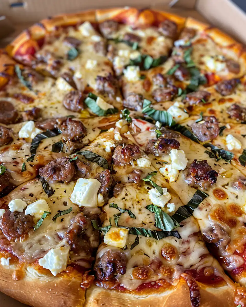 Closeup of finished hot sausage feta honey pizza slice