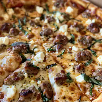 Hot Sausage Feta Honey Pizza taken with iphone 15 pro max --iw 2 --ar 4:5 --v 6.0 --raw