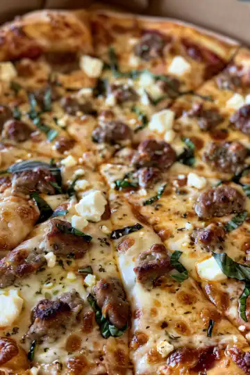 Hot Sausage Feta Honey Pizza taken with iphone 15 pro max --iw 2 --ar 4:5 --v 6.0 --raw