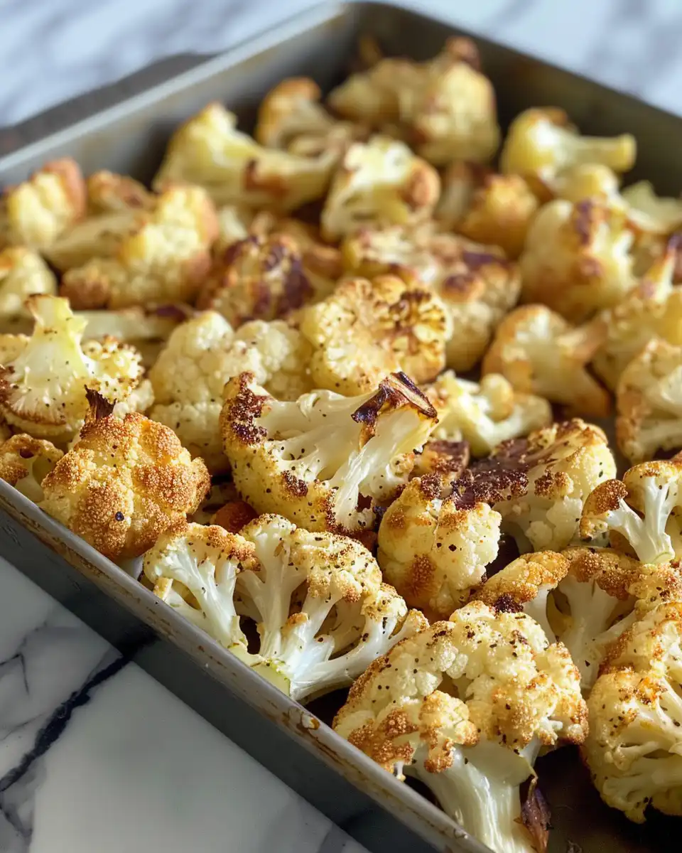 Crispy roasted cauliflower in a baking sheet just out of the oven