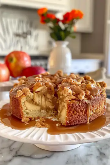 Irresistible Apple Crumb Cake with a Decadent Cinnamon Apple Drizzle taken with iphone 15 pro max --iw 2 --ar 4:5 --v 6.0 --raw
