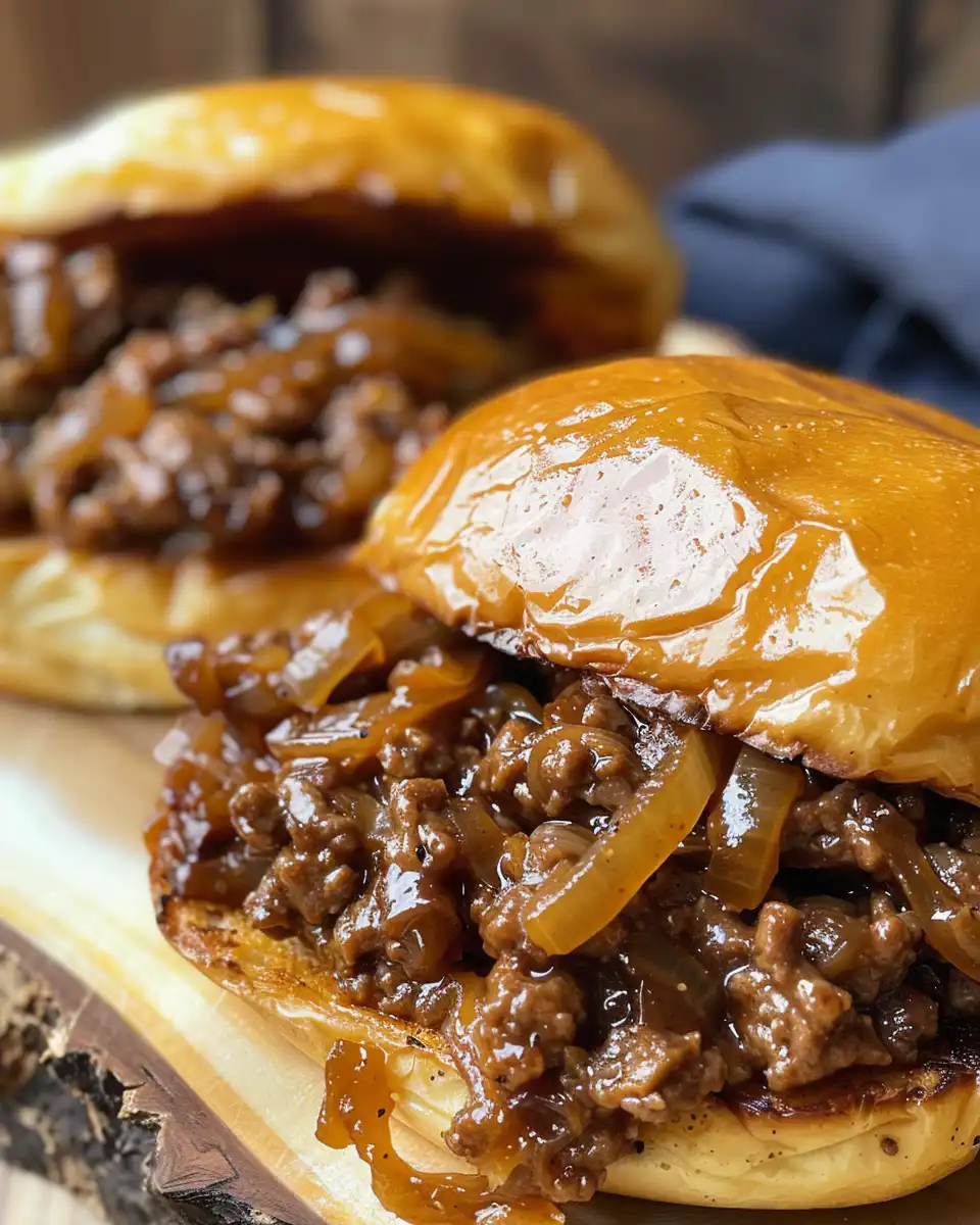 Final served French onion beef sloppy joes on toasted buns with melted Swiss cheese