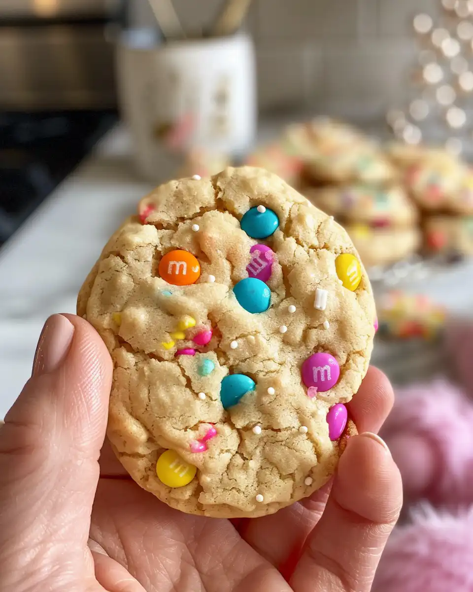 Finished Easter pastel M&M cookies served on plate