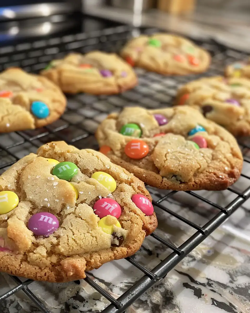 Finished white chocolate coconut cookies with Easter M&M's on wire rack