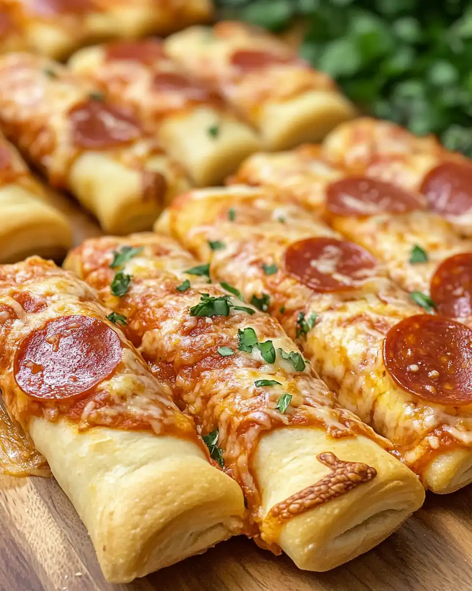 Serving plated pepperoni pizza rolls topped with fresh parsley