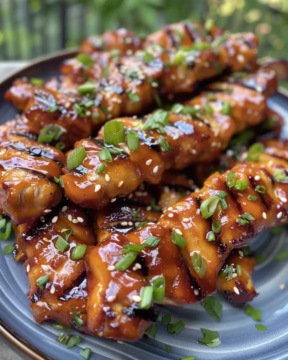 Plated Asian mango glazed chicken garnished with green onions and sesame seeds, ready to serve