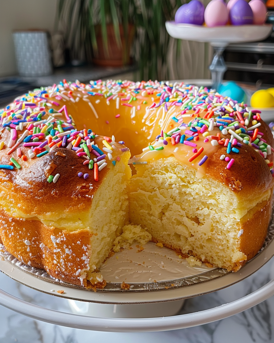 Finished baked Colomba Pasquale cake with almonds on top