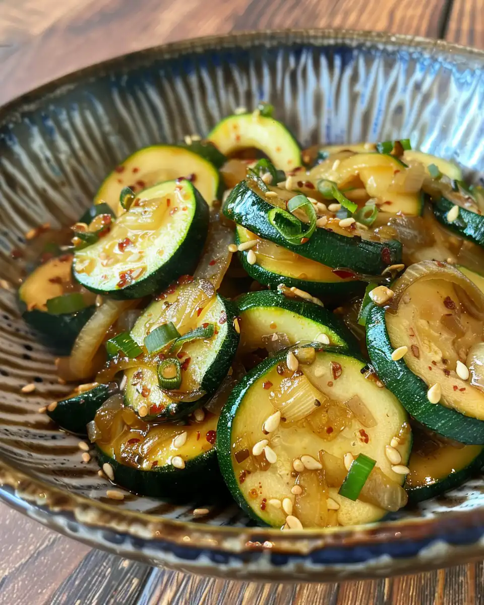 Finished Japanese zucchini and onion stir fry served on plate