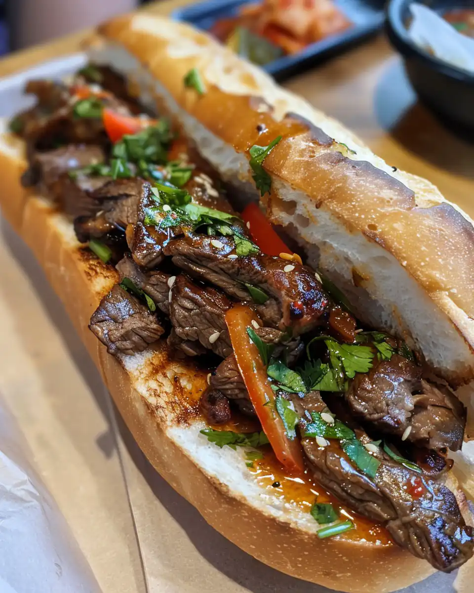 Fresh ingredients for Korean steak sandwich including peppers and onions