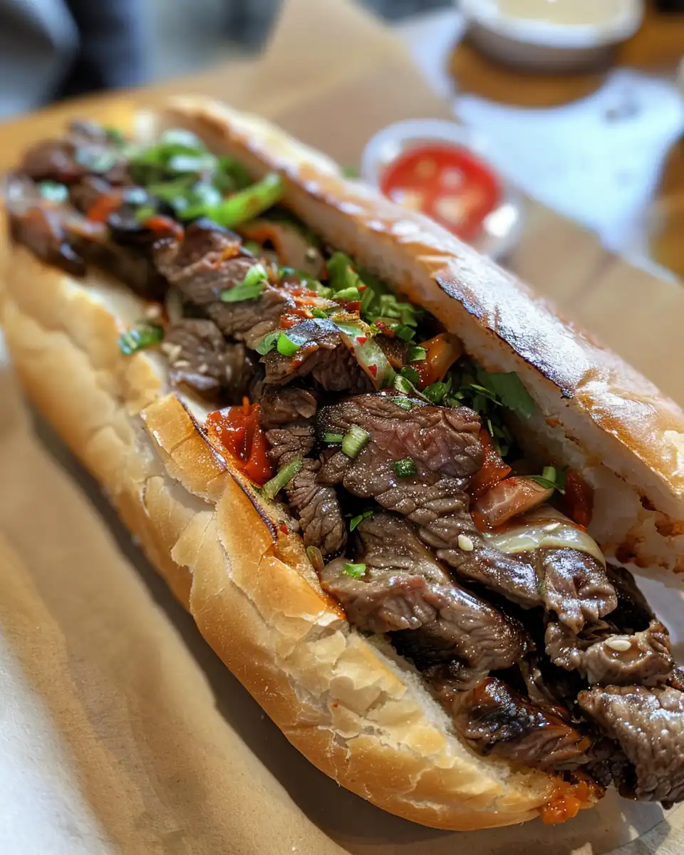 Finished Korean steak sandwich with tender bulgogi and sautéed veggies