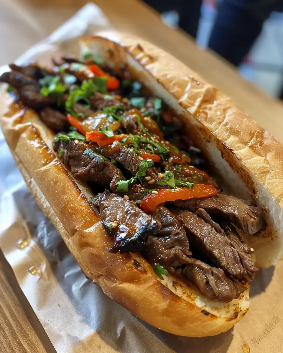 Close-up of delicious Korean steak sandwich bursting with juicy bulgogi