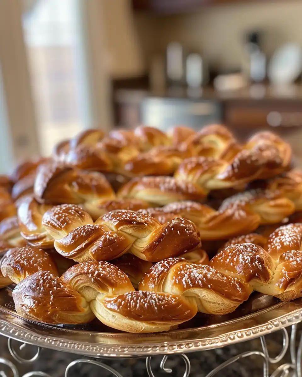 Finished koulourakia Greek Easter cookies golden brown and glazed