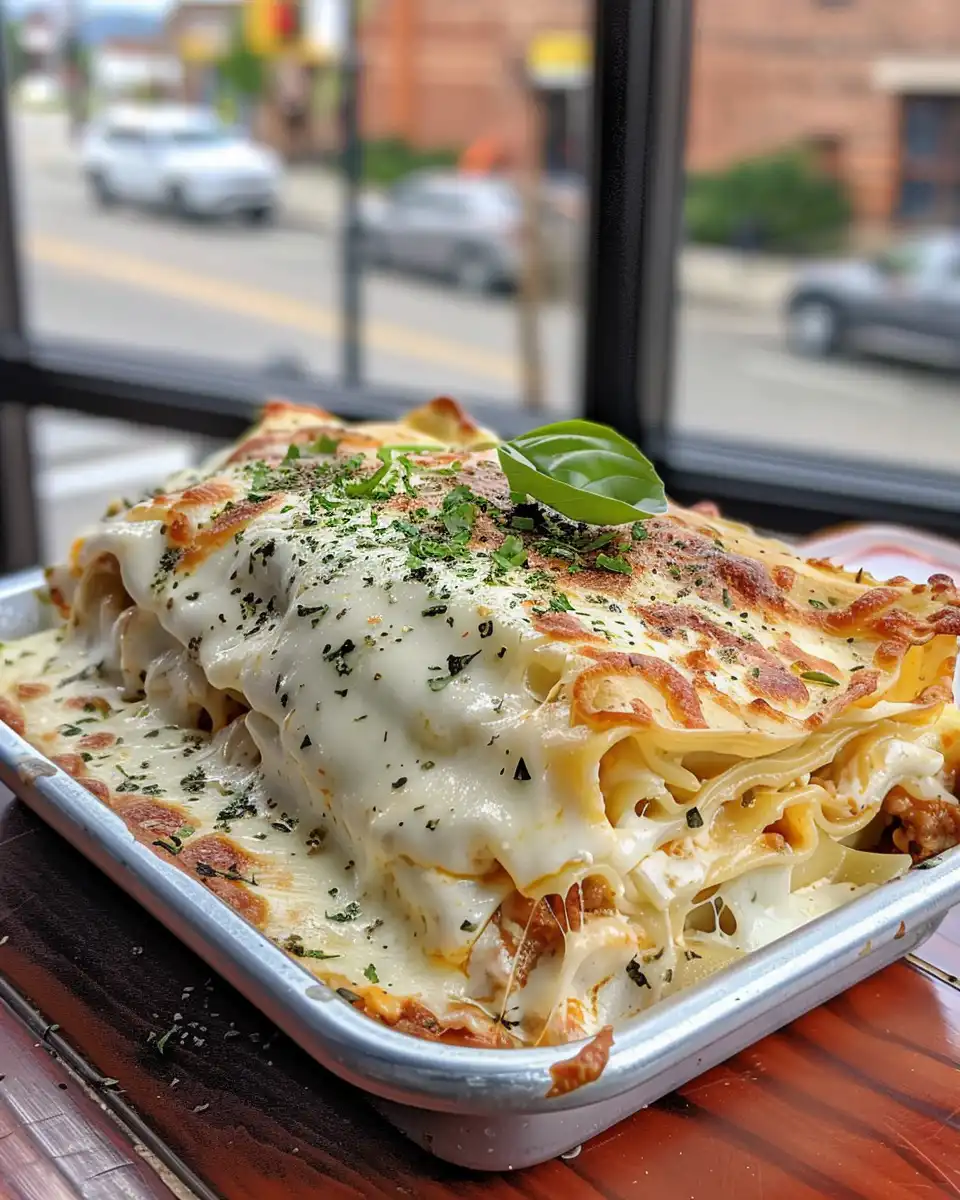 A close-up of a slice of perfectly cooked Chicken Alfredo Lasagna plated and ready to eat