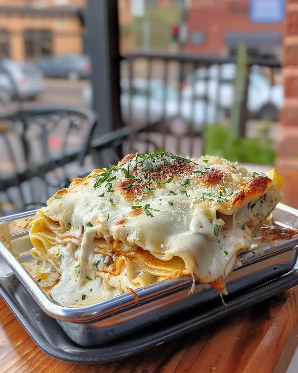 Creamy and cheesy Chicken Alfredo Lasagna fresh out of the pressure cooker