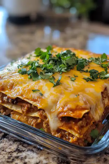 Layered enchilada casserole taken with iphone 15 pro max --iw 2 --ar 4:5 --v 6.1 --raw