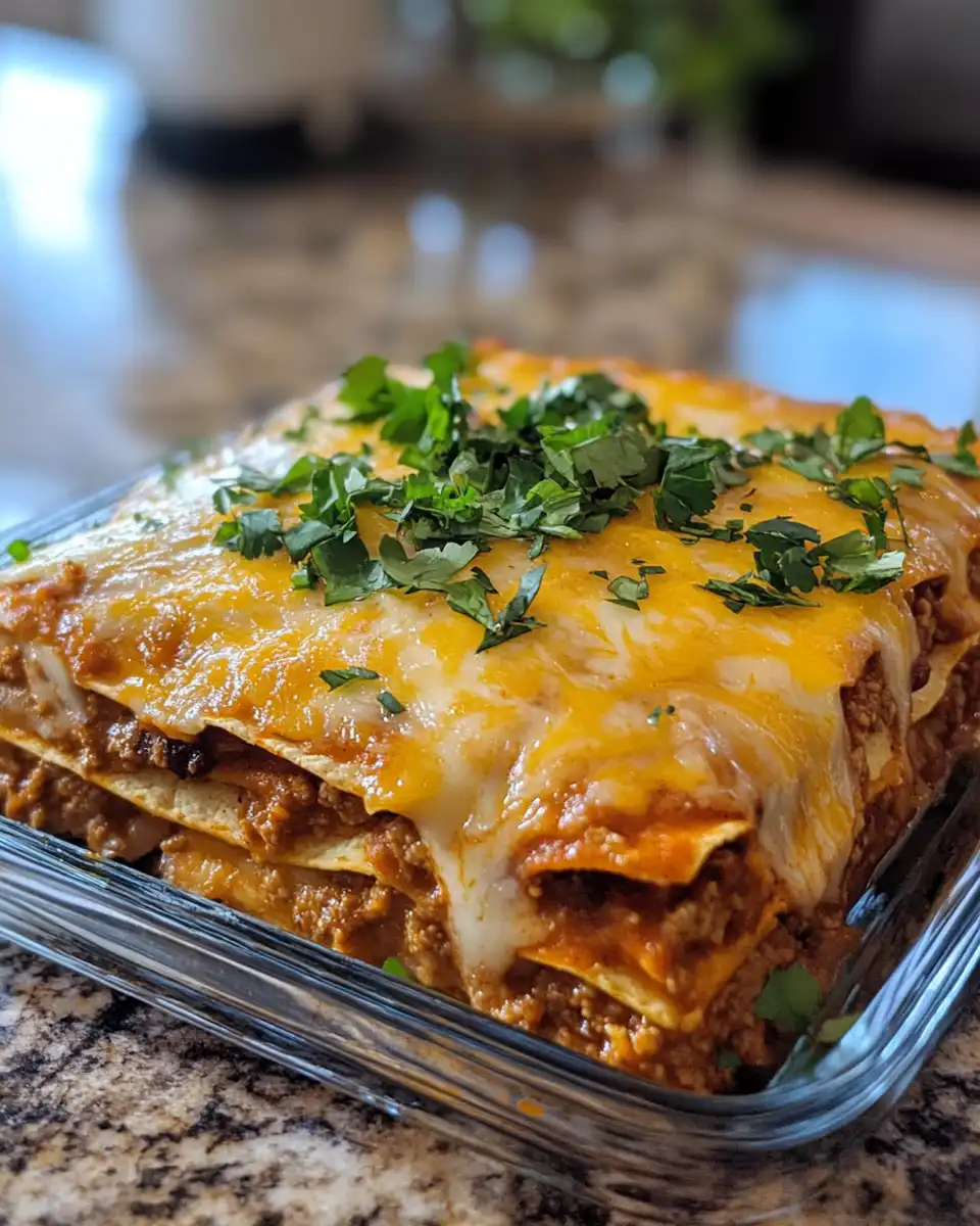 A delicious layered enchilada casserole