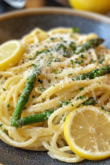 Lemon Asparagus Pasta taken with iphone 15 pro max --iw 2 --ar 4:5 --v 6.1 --raw