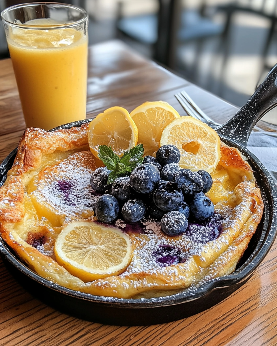 Close-up of blueberry and lemon Dutch baby