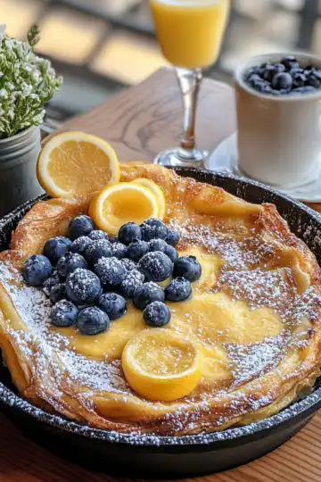 Lemon Blueberry Dutch Baby Breakfast taken with iphone 15 pro max --iw 2 --ar 4:5 --v 6.1 --raw