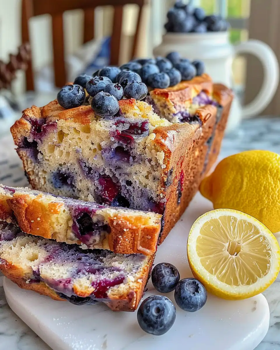 Slice of lemon blueberry yogurt loaf showing moist crumb and blueberries
