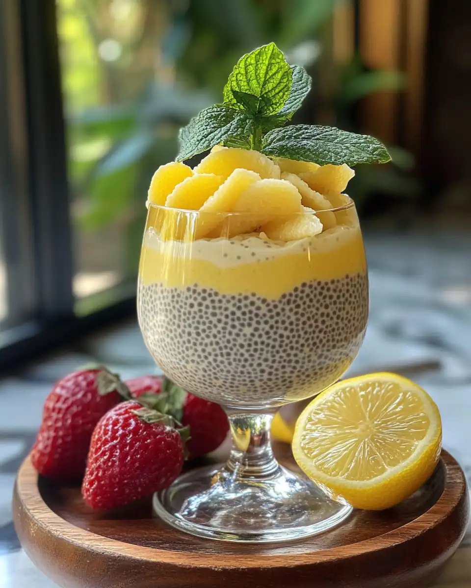 Protein lemon cream pie chia seed pudding set in jars ready to serve