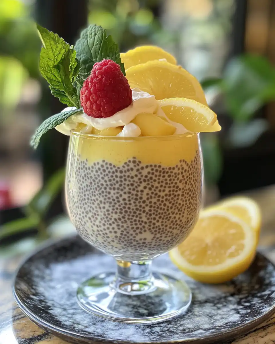 Close up of lemon cream chia seed pudding in glass bowls