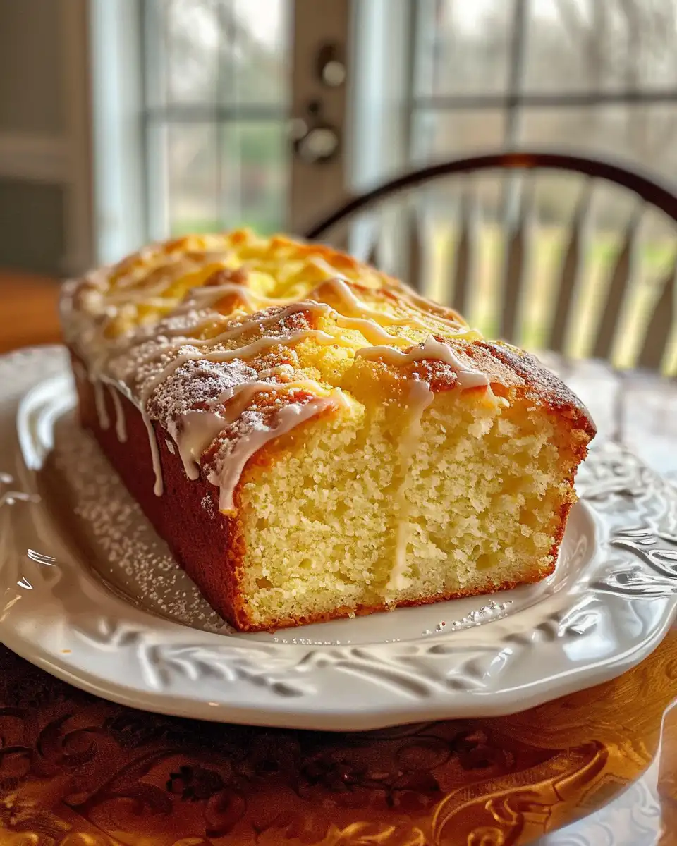 Lemon loaf batter being poured into loaf pan, ready to bake