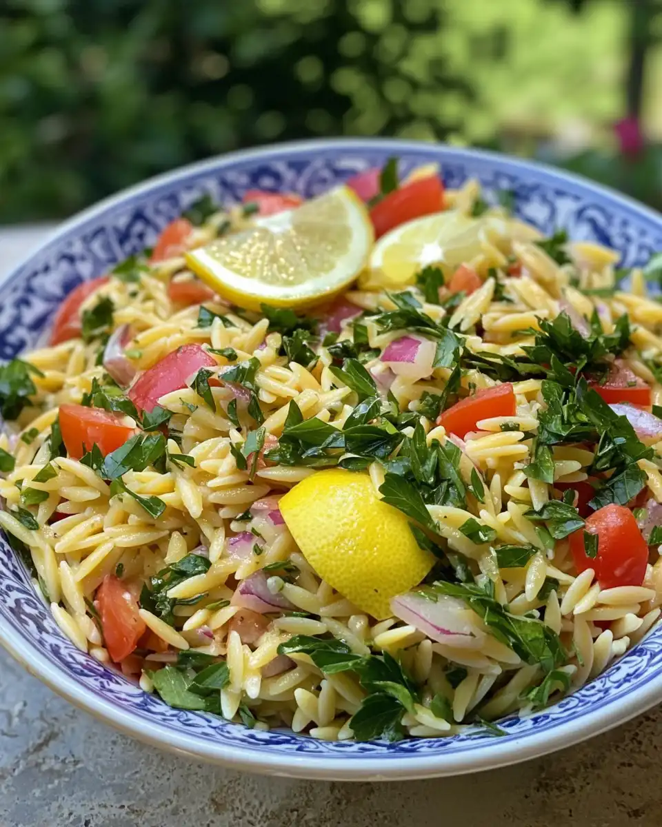 Closeup of a bowl with fresh lemon orzo salad served