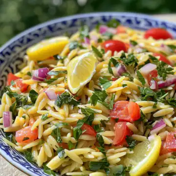 Lemon Orzo Salad taken with iphone 15 pro max --iw 2 --ar 4:5 --v 6.1 --raw