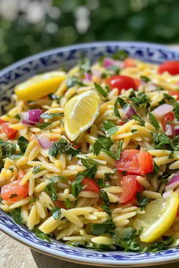 Lemon Orzo Salad taken with iphone 15 pro max --iw 2 --ar 4:5 --v 6.1 --raw