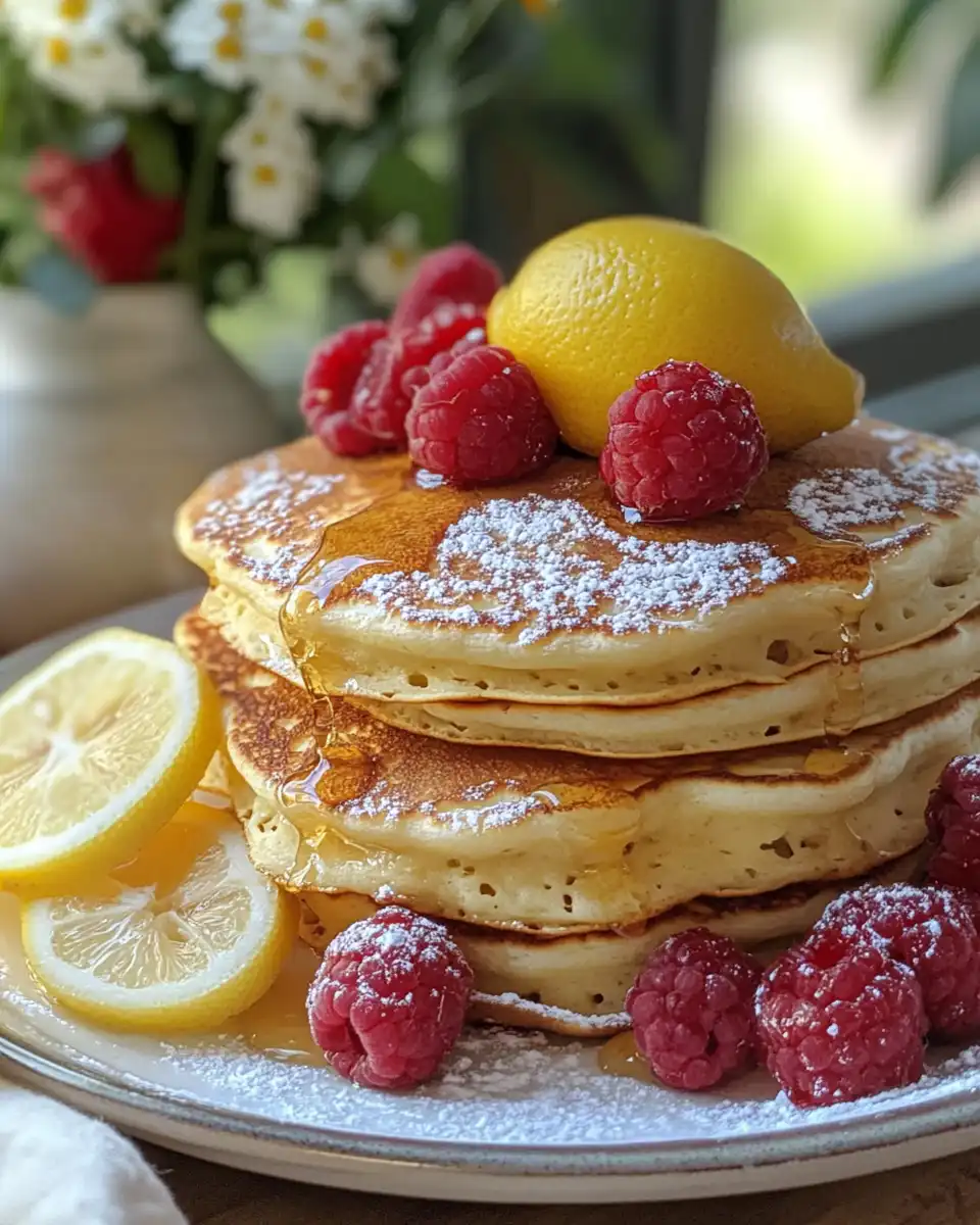 Golden lemon ricotta pancakes on a plate