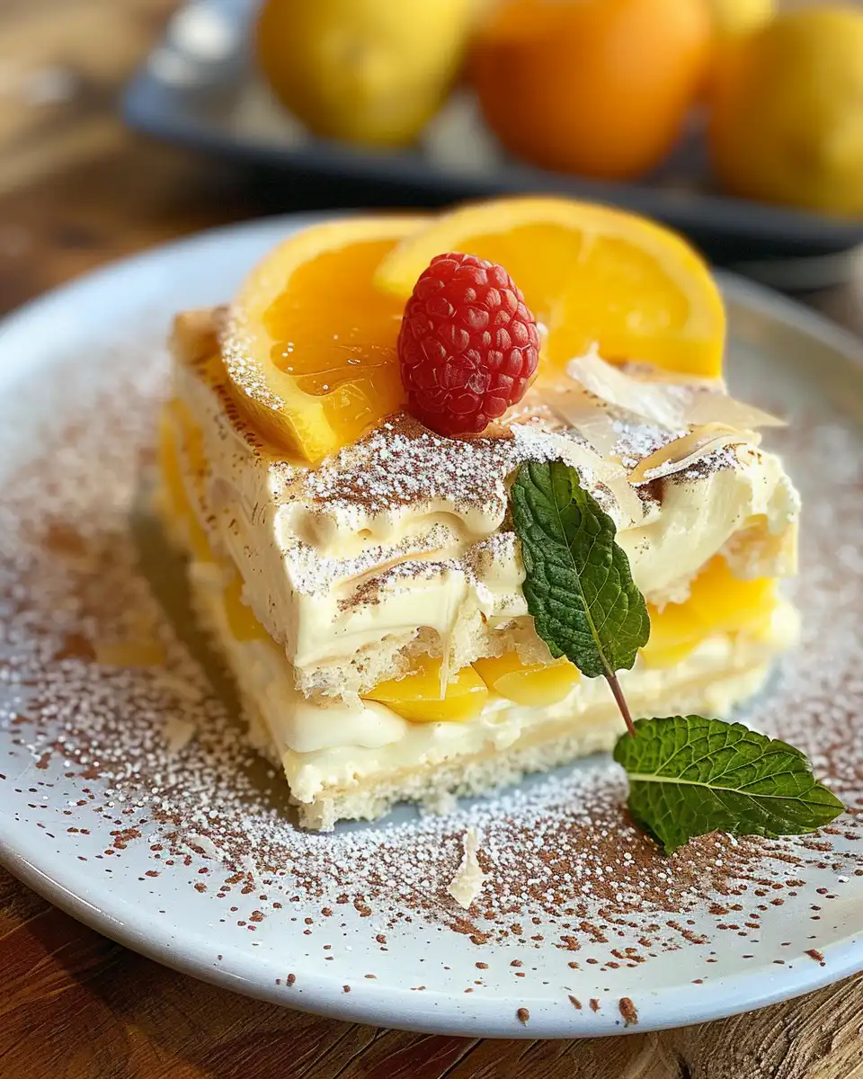 Finished lemon tiramisu dessert served chilled and garnished with strawberries