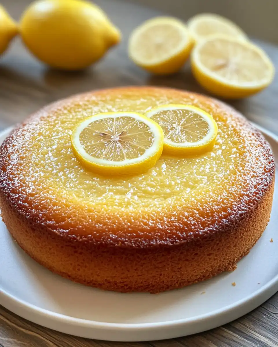 Slice of lemon yogurt cake plated elegantly with lemon zest garnish