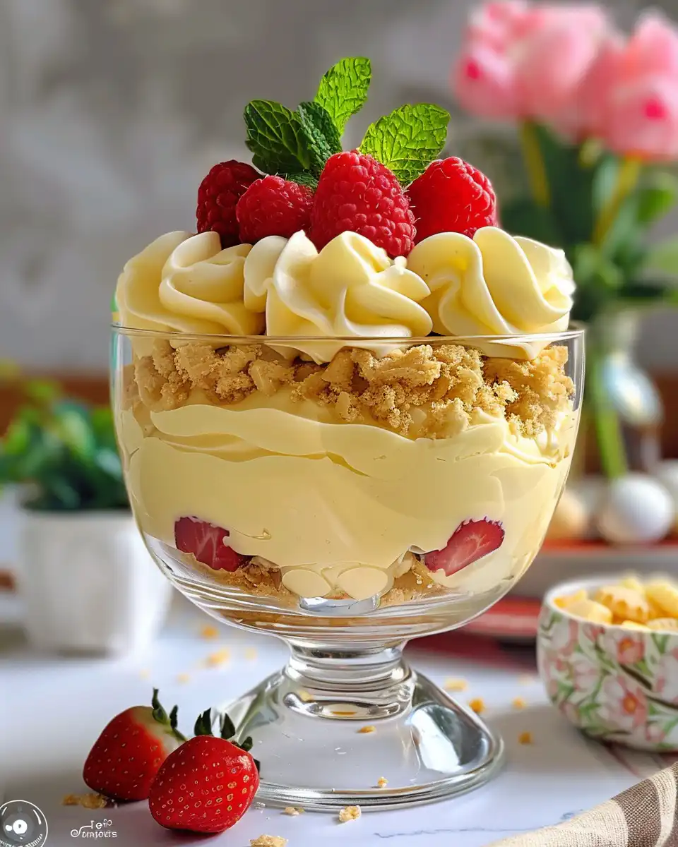 Fresh ingredients for light refreshing Easter trifle dessert prepared for layering