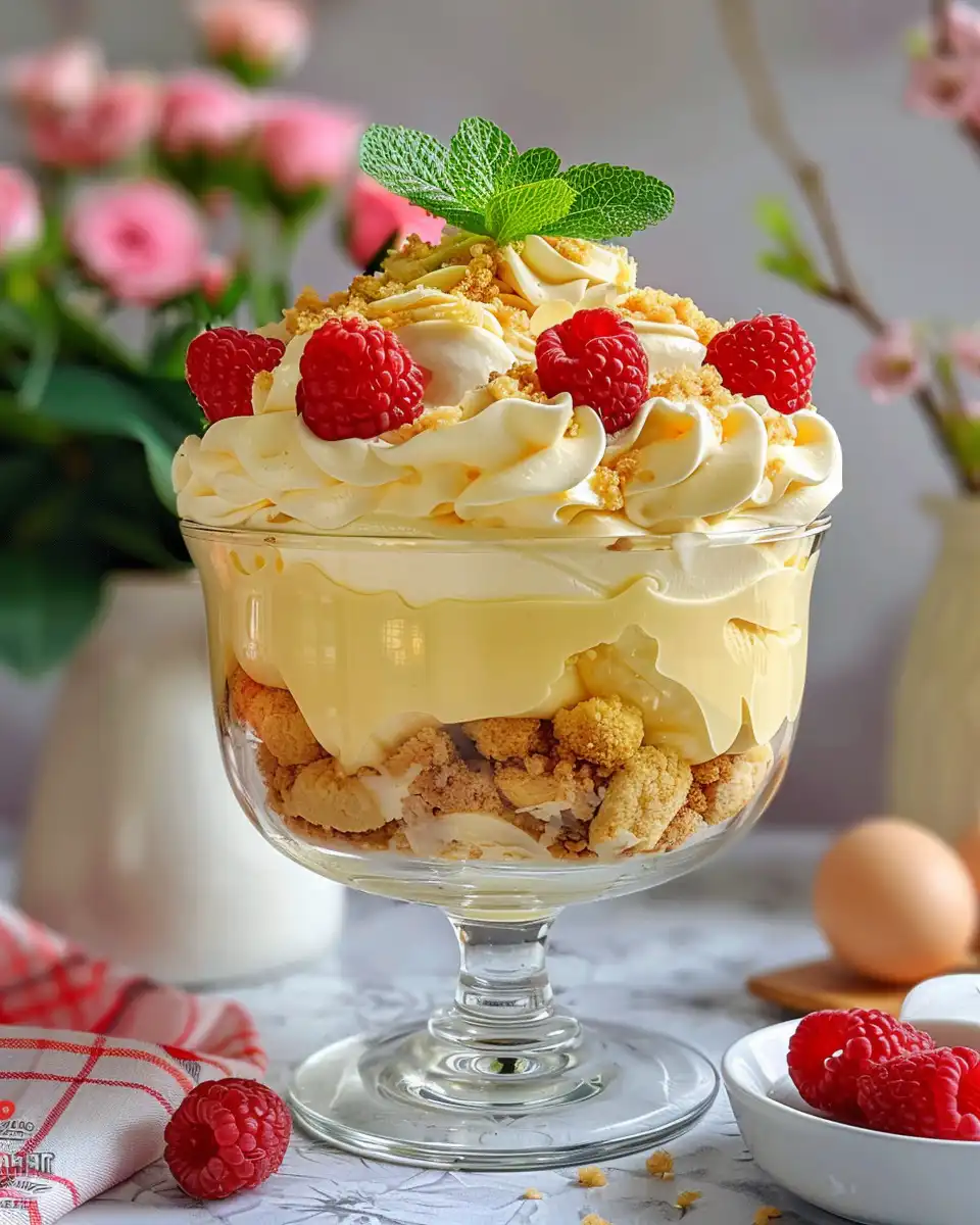 Finished light refreshing Easter trifle dessert served chilled