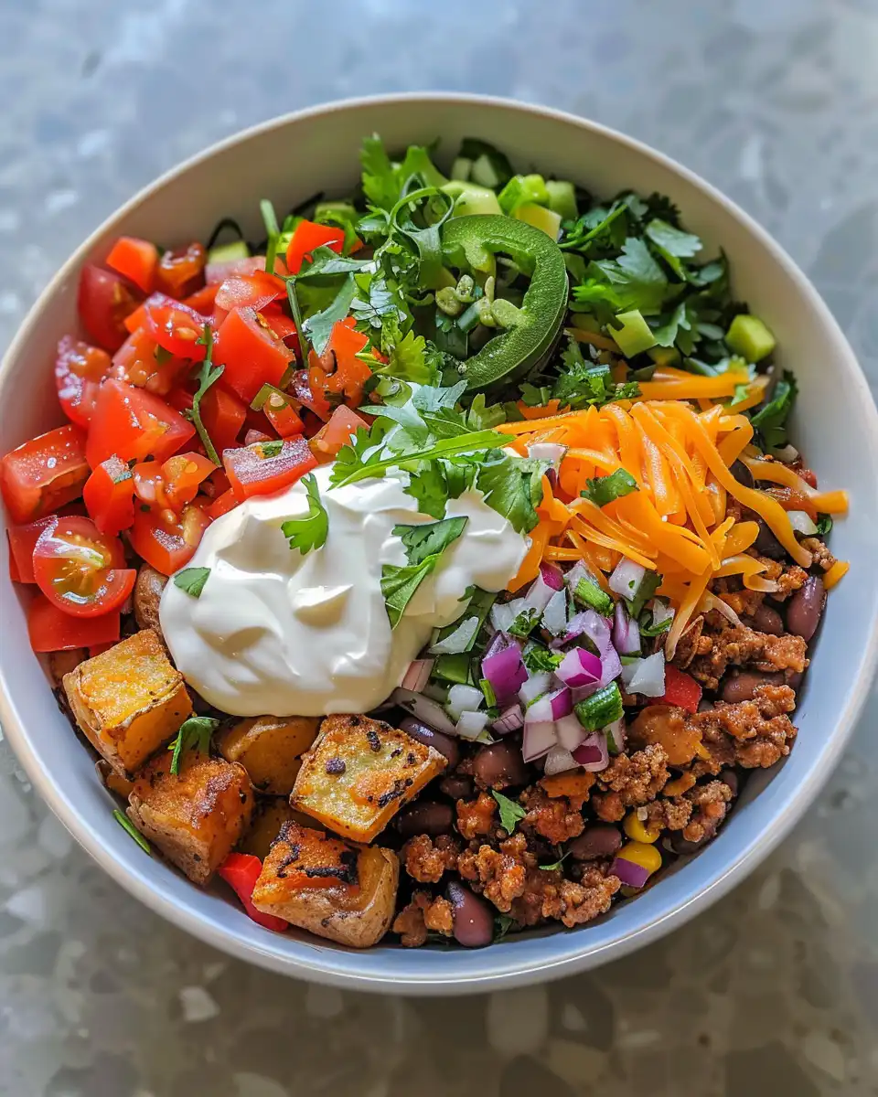 Ingredients and spices for loaded potato taco bowl meal