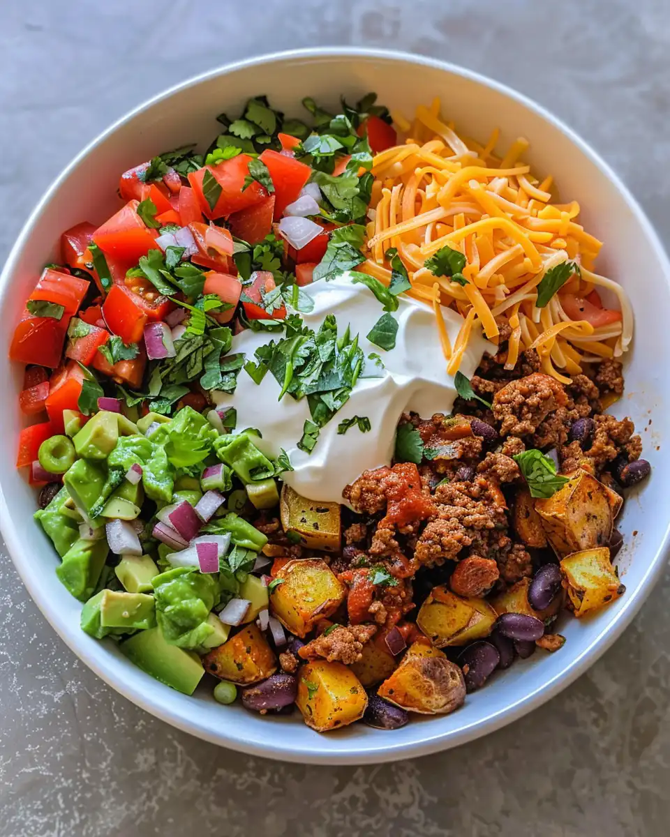 Assembled loaded potato taco bowl with all toppings
