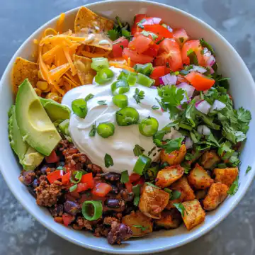 Loaded Potato Taco Bowl taken with iphone 15 pro max --iw 2 --ar 4:5 --v 6.0 --raw