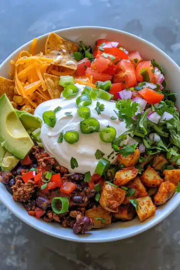 Loaded Potato Taco Bowl taken with iphone 15 pro max --iw 2 --ar 4:5 --v 6.0 --raw