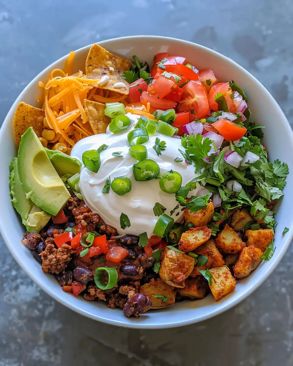 Loaded potato taco bowl fresh and ready to eat