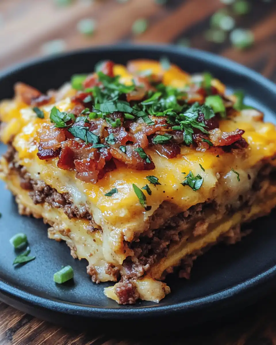 Served low carb bacon cheeseburger casserole on plate garnished with fresh dill