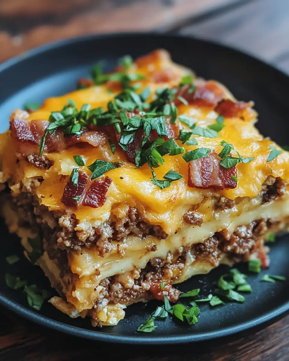 Low carb bacon cheeseburger casserole fresh out of the oven with melted cheese