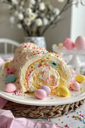 Magical 3-Step Easter Cake Roll taken with iphone 15 pro max --iw 2 --ar 4:5 --v 6.0 --raw