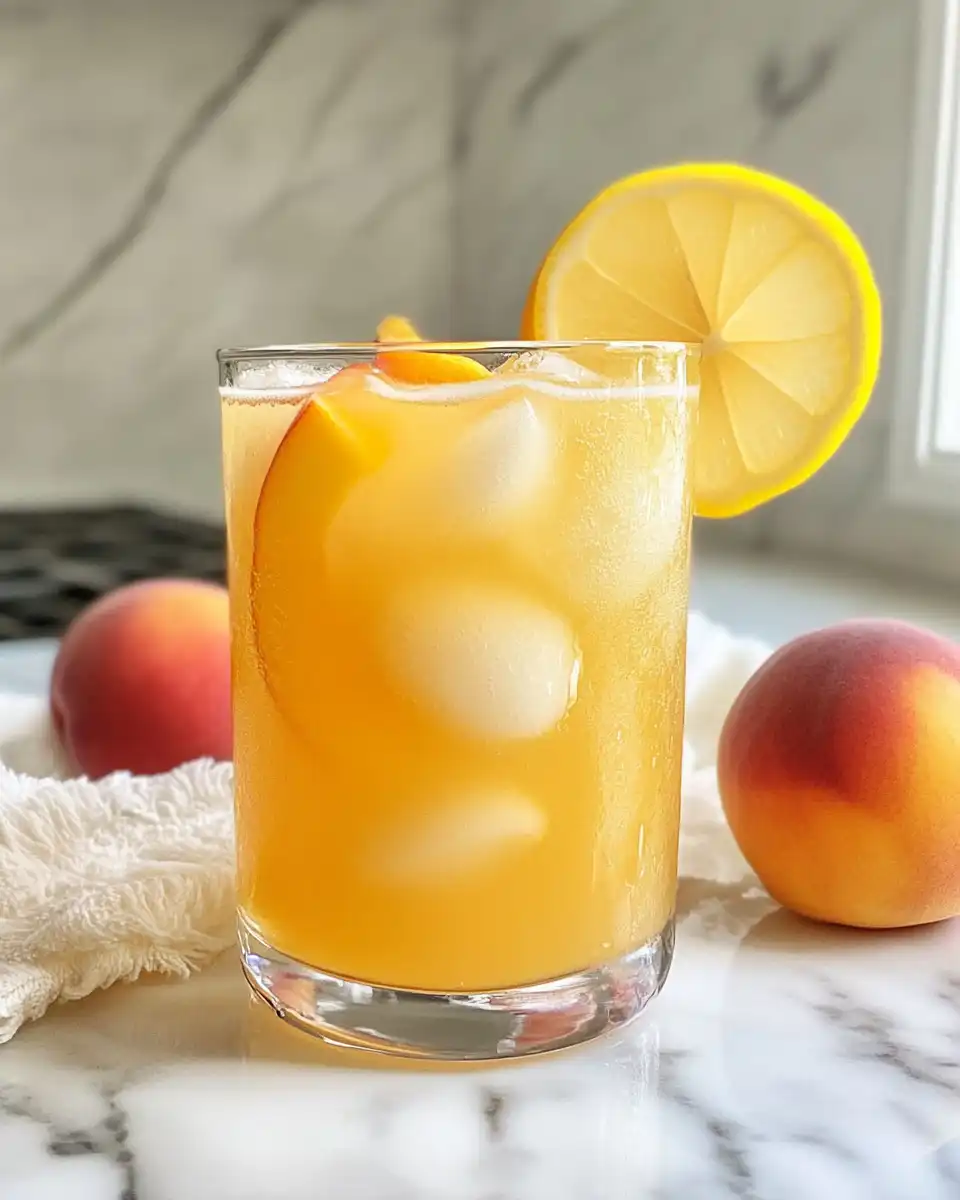 Ingredients for peach lemonade in a pitcher with fresh thyme and lemon slices