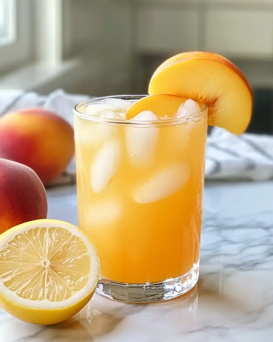 Pouring peach lemonade over ice cubes with lemon slice and thyme garnish