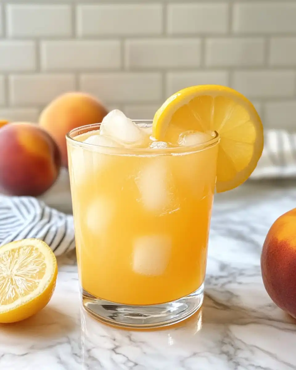 Freshly prepared peach lemonade in a glass pitcher